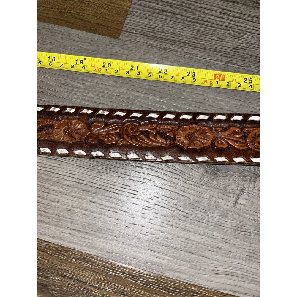 Vtg Tex-Made Tooled Leather Western Belt Size 38 Eagle Laced Snap On No Buckle